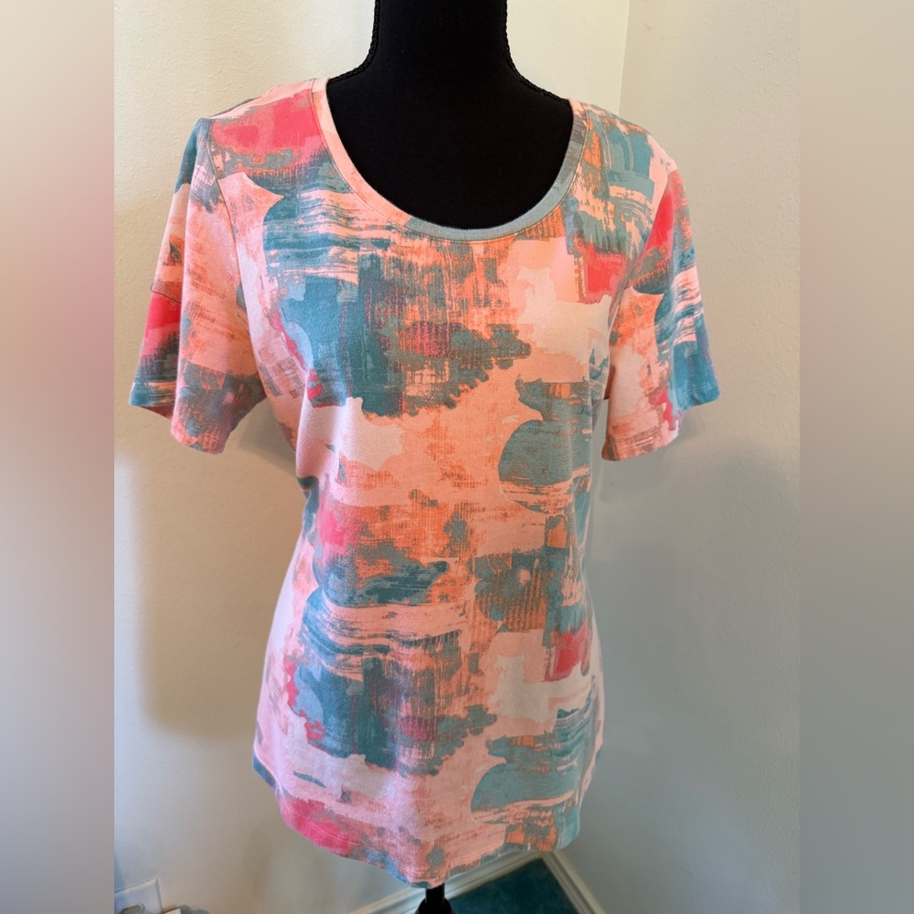D&Co Abstract Peach and Green Print Women's Top, Cotton Spandex, Peach & Teal